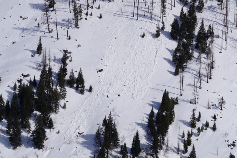 More wet slide debris on steep west facing aspects.