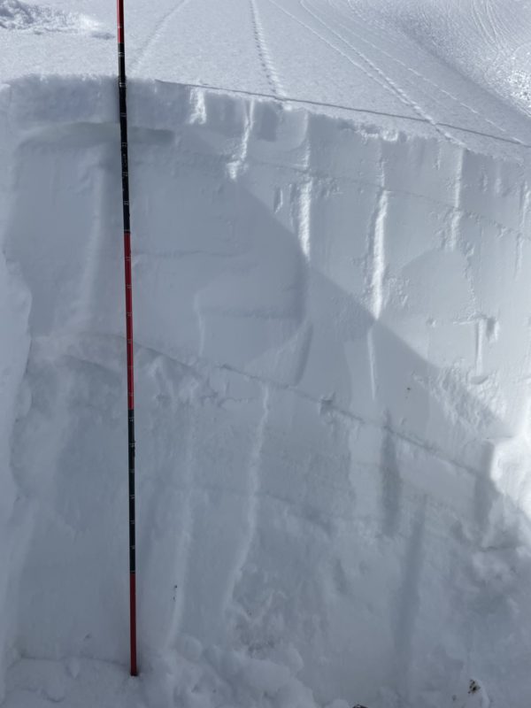 Snow pit photo.  80 cms of AR snow, 30 cms from Veterans Day storm slab, crust and few cms of low density snow on top.