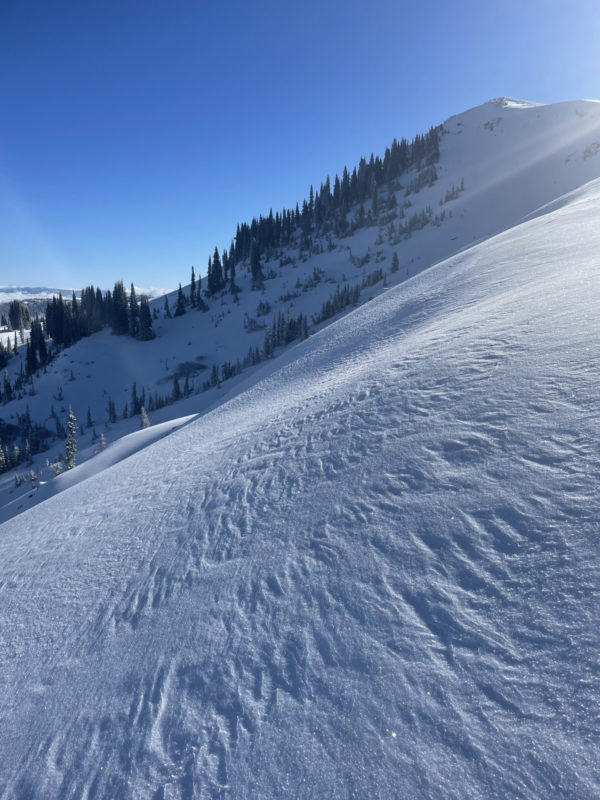 Wind affected snow along the ridges.
