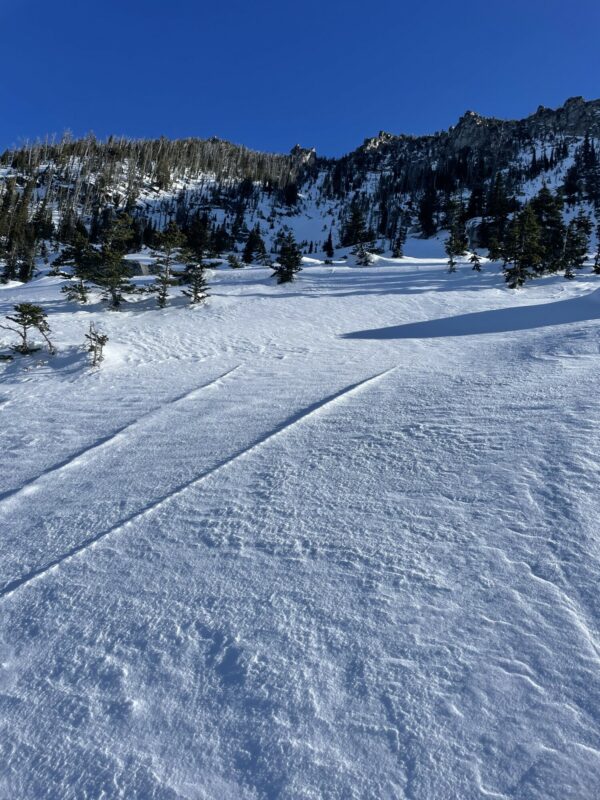 Wind textured snow-with wind slab, wind crust, and wind textured but soft snow.  Variability was a theme from turn to turn. 