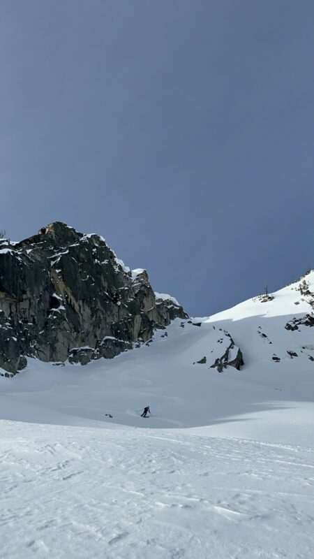 Looking up East couloir and NE smaller couloir, both were skied