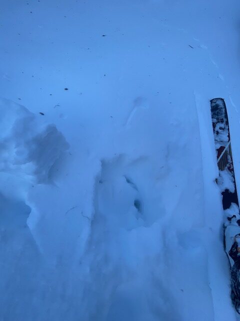 Mit pit: Just below the softer surface 2 inches of snow, it is dense for 6-8 inches. It was hard with my pole to saw through this 6-8 inch layer that formed on the North of Sgt's during variable brief winds out of the Northwest. 