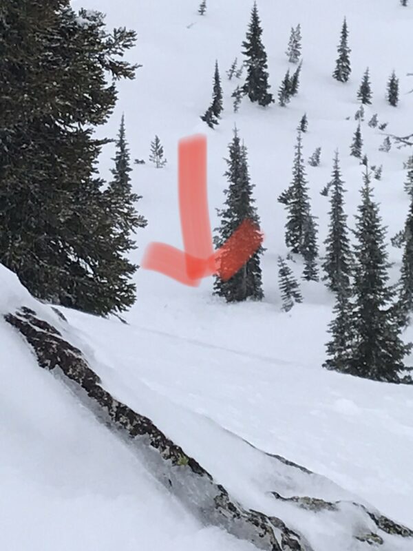 Final debris pile from the bulk of the slide just left of the finger ridge about 250-300’ below.
