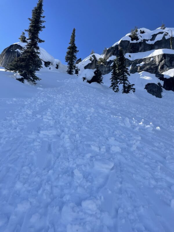 Pin rolls off of a ridge at 7700’ on a due north aspect.  Evidence of warm temperatures from Wednesday Feb 9.