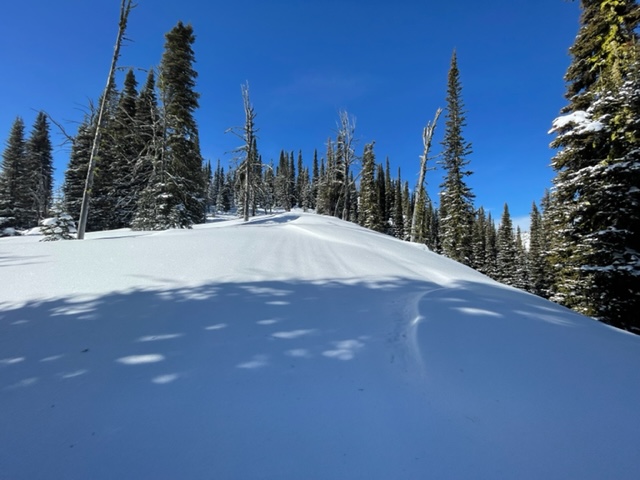 Granite Mountain, Twin Lakes Ridge...North winds during the last storm pushed the snow to the South (from right to left in the photo) creating 2 foot deep pillows that we were unable to get any cracking from.