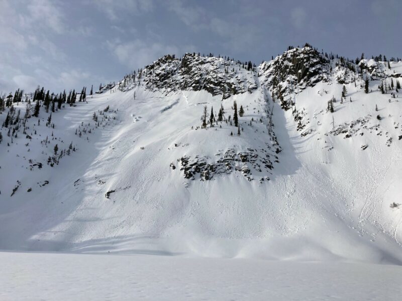 Looking up the north face of point 8162, evidence of an old glide avalanche with plenty of glide cracks visible