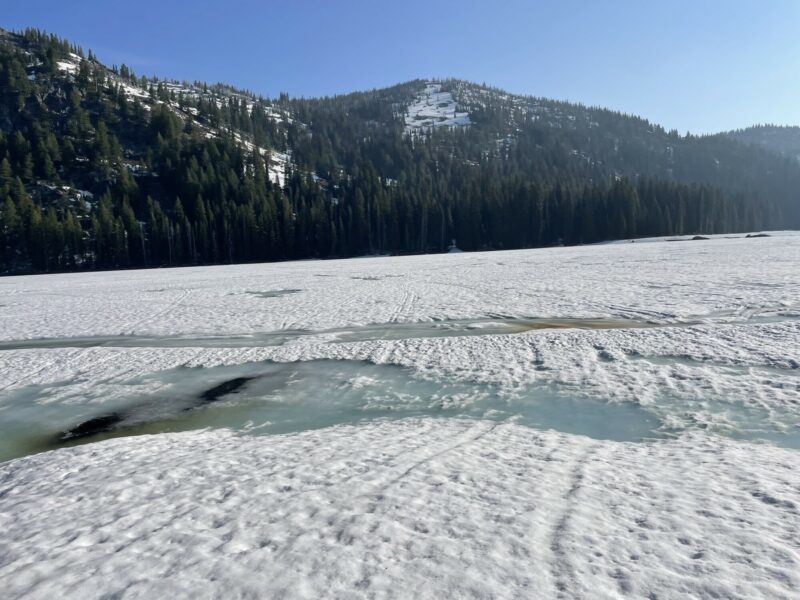 Current condition of upper Boulder lake. Did not trust the ice and skirted around the shoreline.